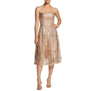 Dress the Population New! Sarah Sequin Lace Strapless Fit&Flare Dress Platinum
